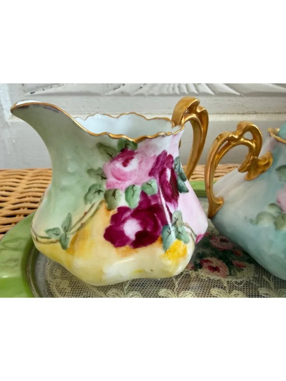 Vintage 40's Hand Painted Floral Porcelain Sugar and Greamer Set Gold Accent